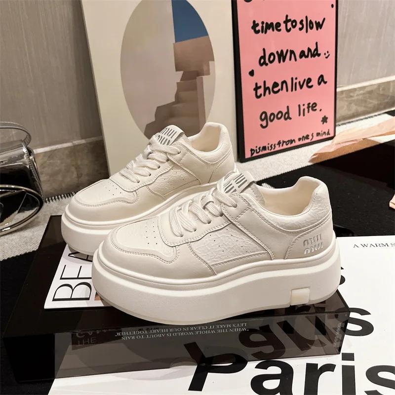 SyfIyno New Spring Summer Soft Leather Thick Soled Shoes Casual Sports Shoes Low Cut Height Increasing Flat Shoes