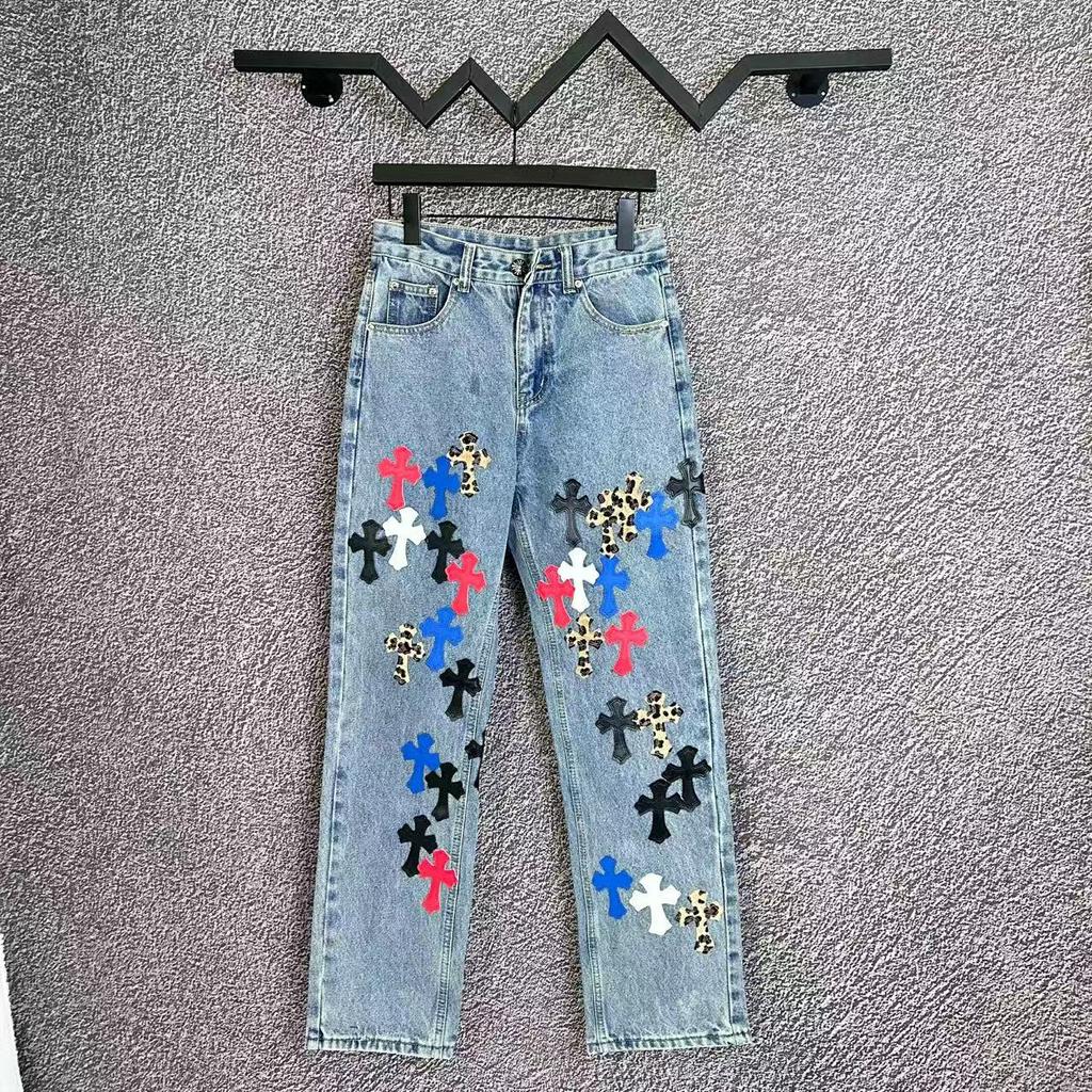 9913 Men's and Women's American Style Trendy Jeans with Fabric Patches, Holes, Embroidery, Casual and Fashionable High Street Pants