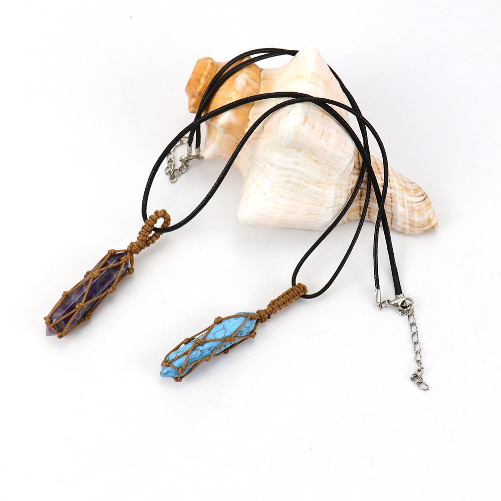 Hand-Woven Double-Pointed Hexagonal Prism Crystal Rough Stone Natural Stone Brown Mesh Pocket Necklace N712