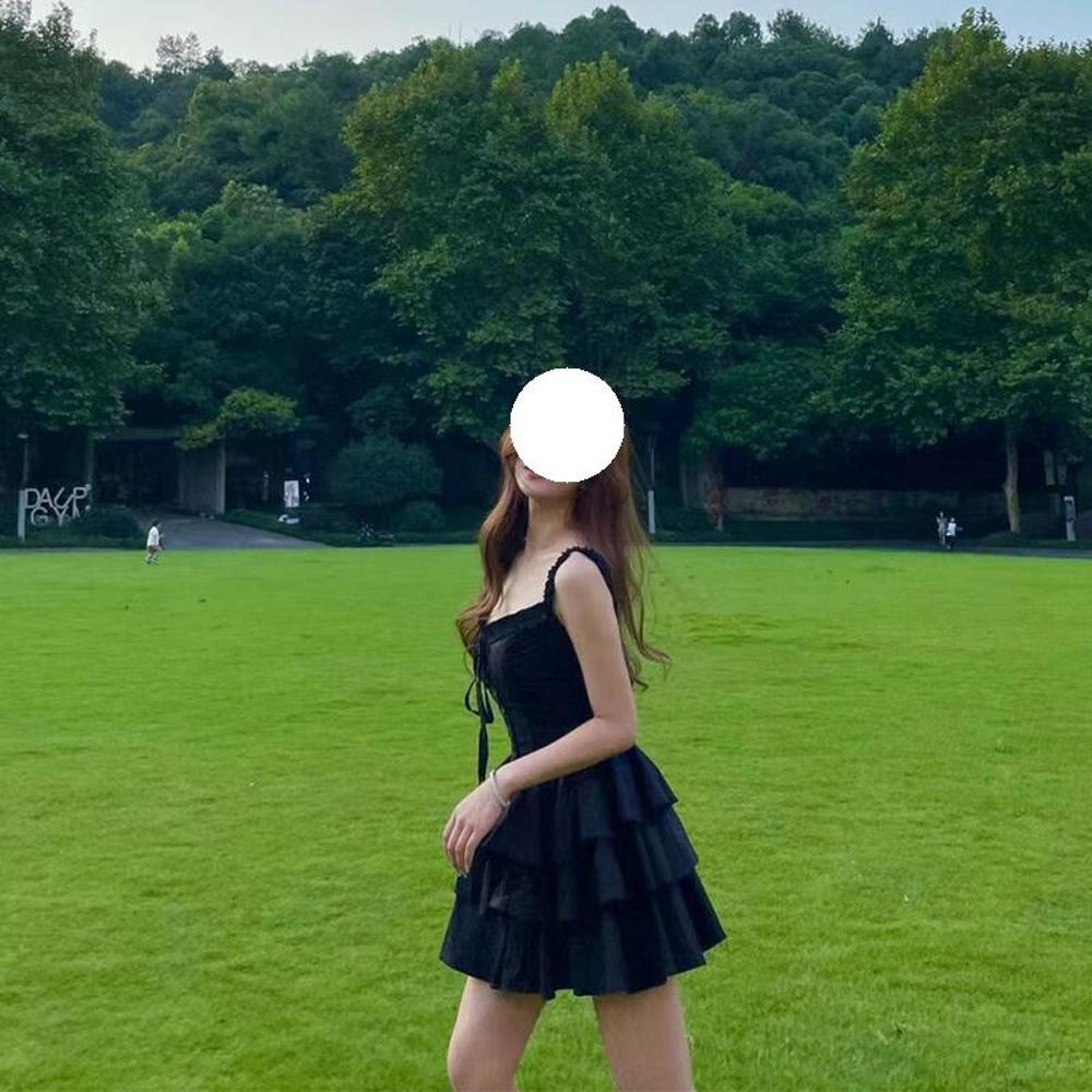 

Милое черное платье на подтяжках лето новое ретро талия тонкая мода маленькое платье принцессы короткое женское XL- (recommended 110-60kg)