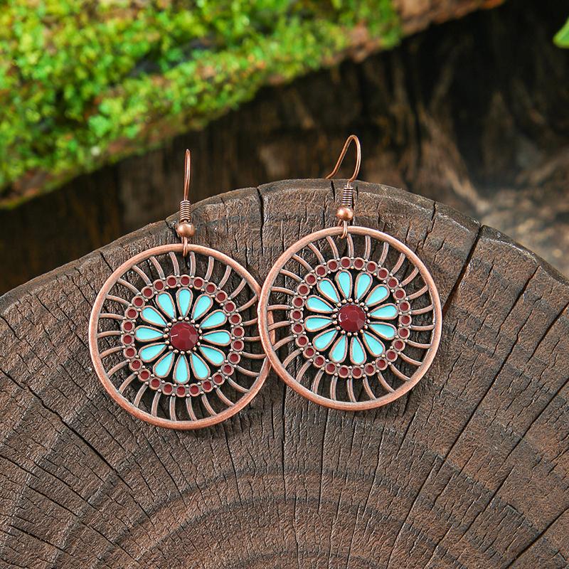 Orecchini Smaltati Colorati Etnici Retrò Bohemien da Donna Boho Fiore Vuoto Geometrico Rotondo Vintage Pendenti Gioielli Regalo