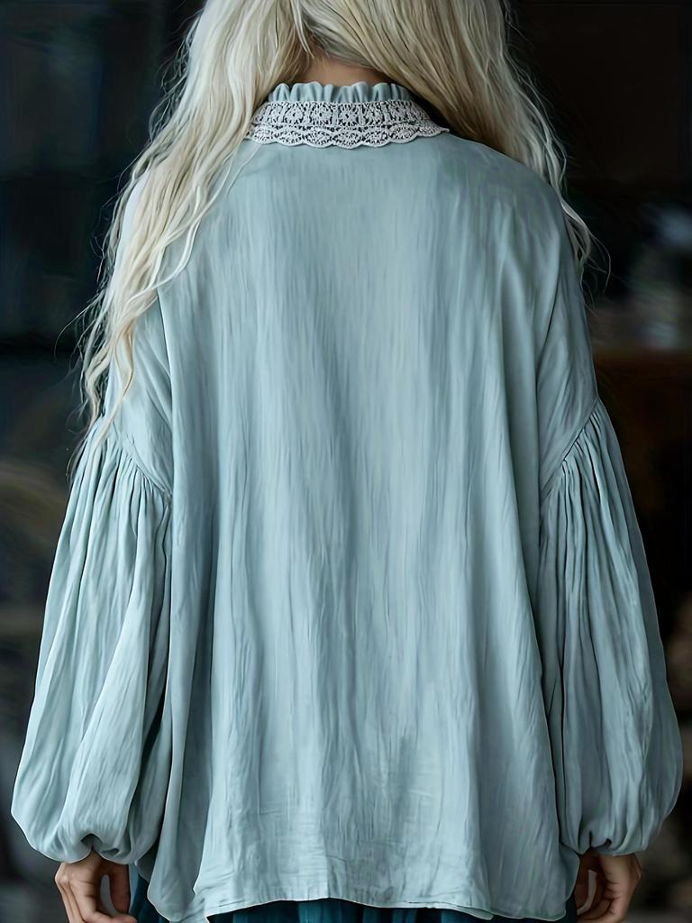 Retro Artistic Lace Patchwork Linen Blend Top with Loose Lantern Sleeves - Mori Style Casual Shirt