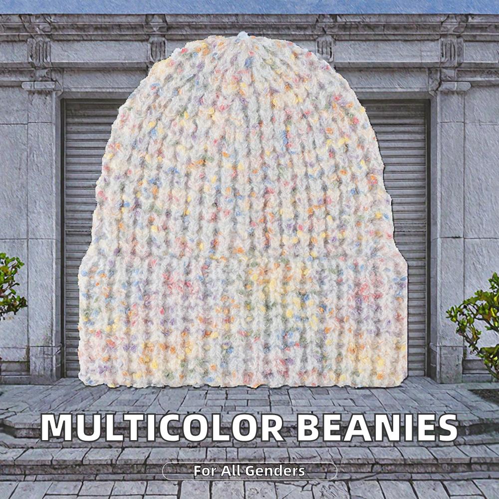 Multicolor Speckled Dot Knitted Beanie Hat Winter Wool Ribbed for Women Men with Hand Drawn 3D Embroidery Bows Pattern