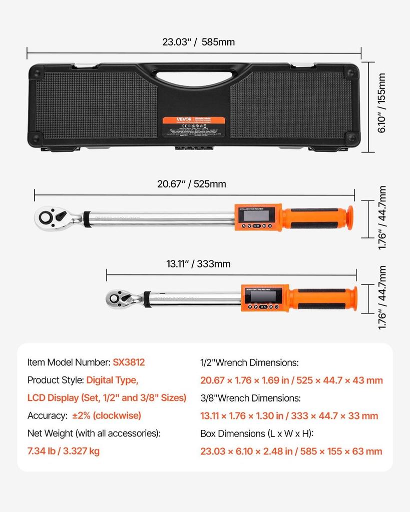 Digital Torque Wrench Set 2 Pieces 1/2 3/8 Inch Drive 72-Tooth Electronic