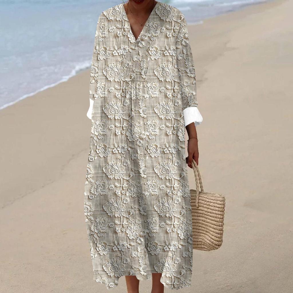 Women's Casual Fashion V-Neck Long Sleeve Textured Print Maxi Dress