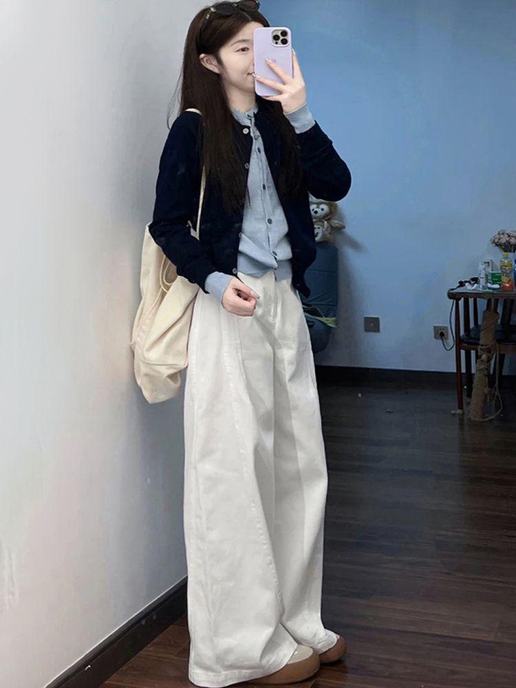 Early Autumn Korean Style Knit Cardigan & Wide-Leg Trousers Two-Piece Set