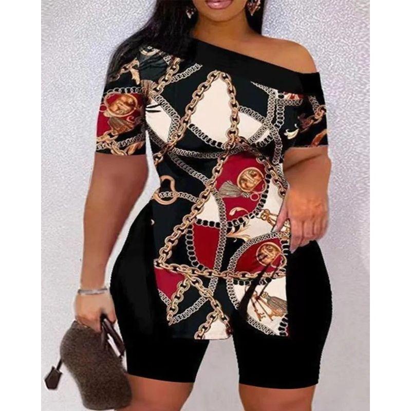 

Комплект из двух частей с принтом с косым воротником и открытыми плечами, Комплект из двух частей с принтом и открытыми плечами Mixed XXXL