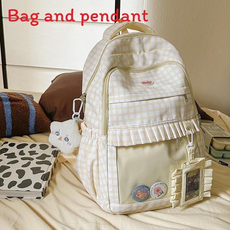 Checkered Pattern Sweet Lace Design Student Backpack With Plush Decor Pendant