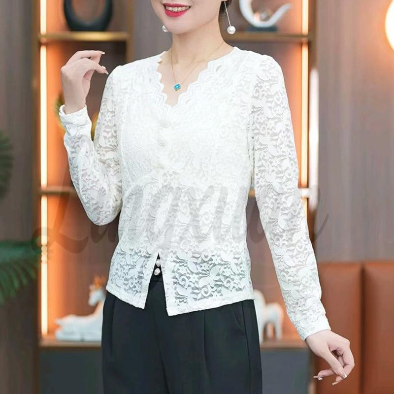 

2026 Autumn/Winter V-neck Slimming Lace Top - Versatile & Fashionable for Mothers L белый