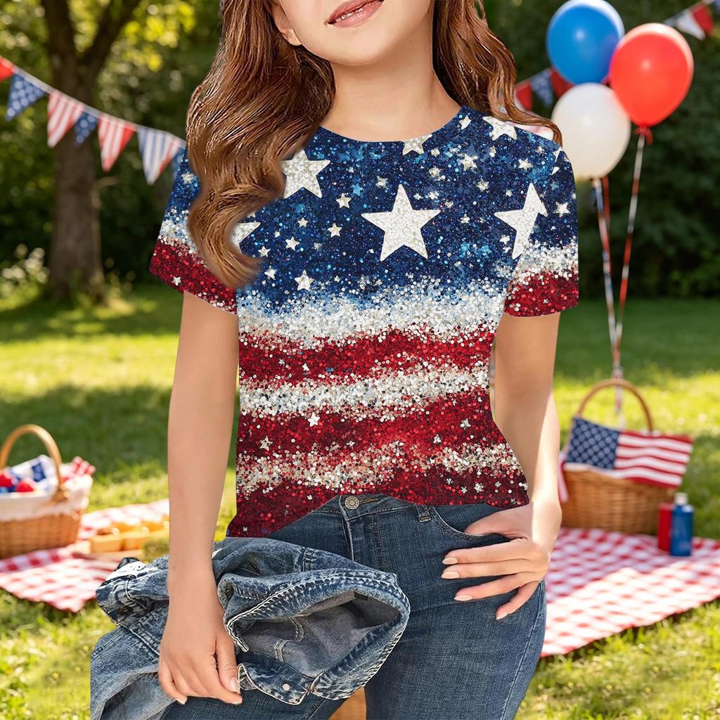 Girls Short Sleeve T Shirt Independence Day Print Kids Casual Tee Top Lightweight Breathable Soft Fabric Summer Shirt for Children