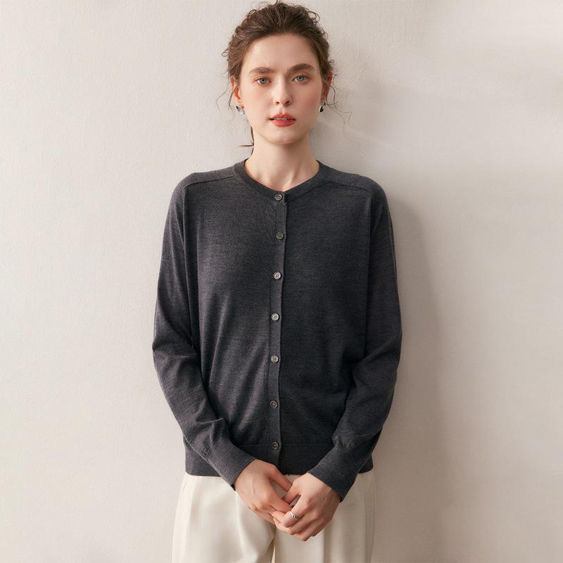 Women's 100% Pure Wool Round Neck Cardigan - Versatile and Casual Knit Sweater Coat
