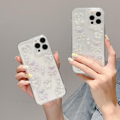 Coque de téléphone transparente à paillettes et ours, fleur Laser, pour Iphone 14 12 11 13 Pro Max Xr X Xs 7 8 Plus, housse de protection d'objectif souple