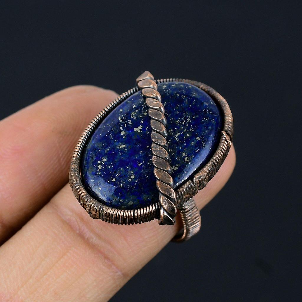 Lapis Lazuli Gemstone Copper Wire Wrapped Handmade Jewelry Ring For Her