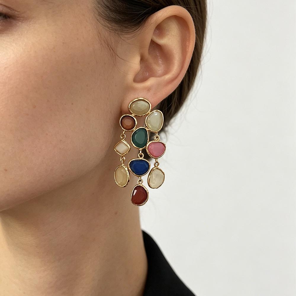 Bohemian Geometric Gem Dangle Earrings – Colorful Retro Resin Design for Women