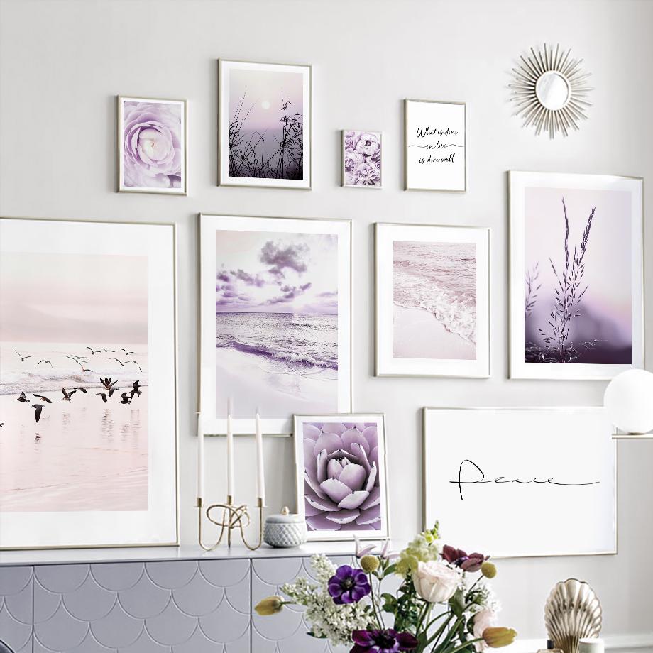 Fioletowa Plaża Morska Ptak Trzcina Róża Kaktus Sztuka Ścienna Malarstwo na Płótnie Plakaty i Wydruki Hotel Bar Obrazy Ścienne do Wystroju Salonu