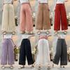 2026 Spring/Summer Women's Linen Straight-Leg Pants with Elastic Waist and Retro Embroidery Hem - Casual and Versatile Solid Color Long Pants