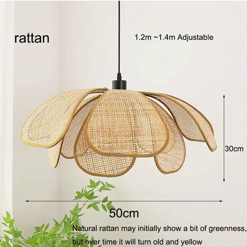 Retro Rural Hand-woven Natural Rattan Petal Chandelier Japanese-Southeast Asian Dining Room Bedroom Chandelier Artistic Atmosp