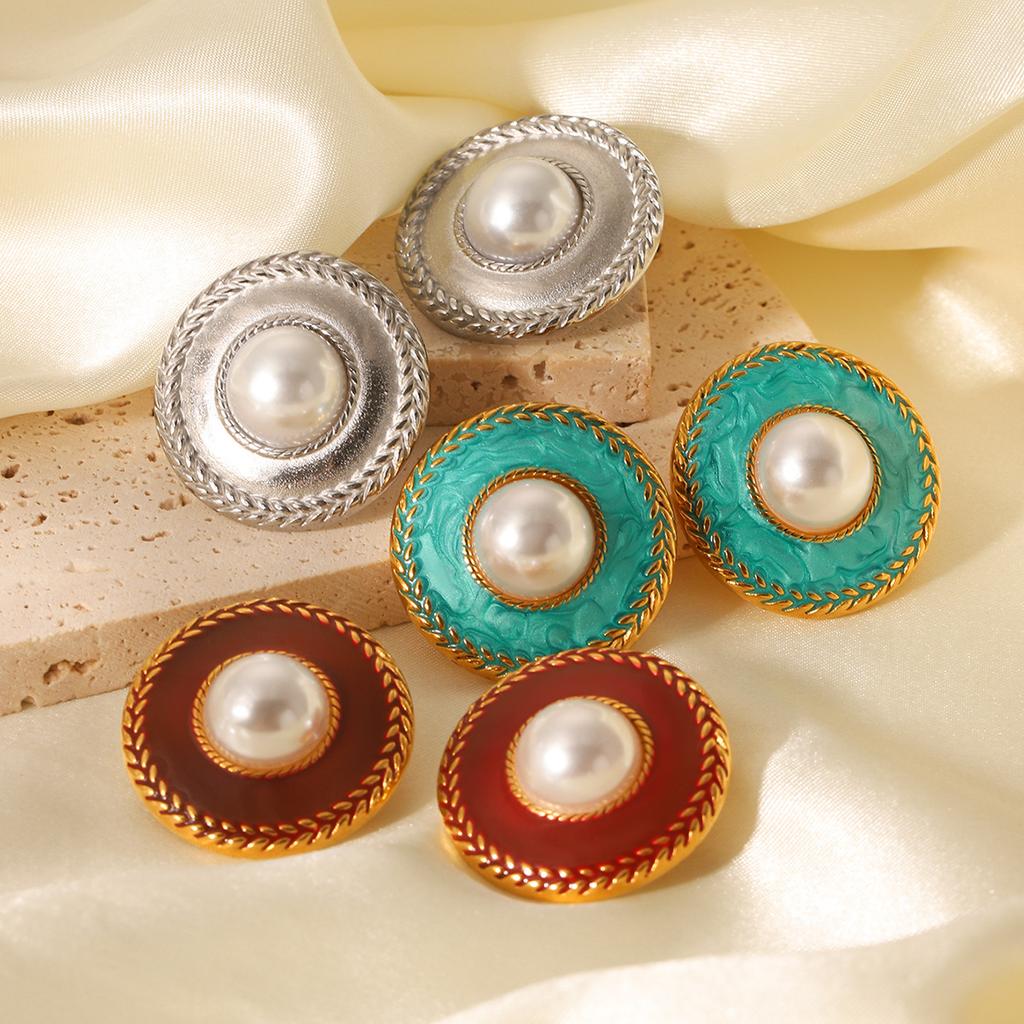 French court style stainless steel oil-drop earrings with pearl studs, retro elegant ear jewelry design