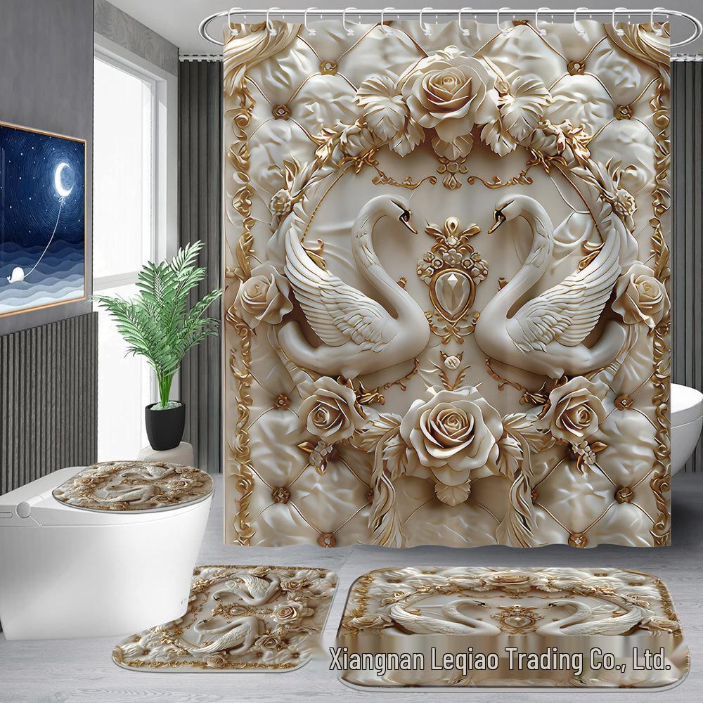 Creative Swan Print Shower Curtain with 12 Hooks - Bathroom Decoration Accessories