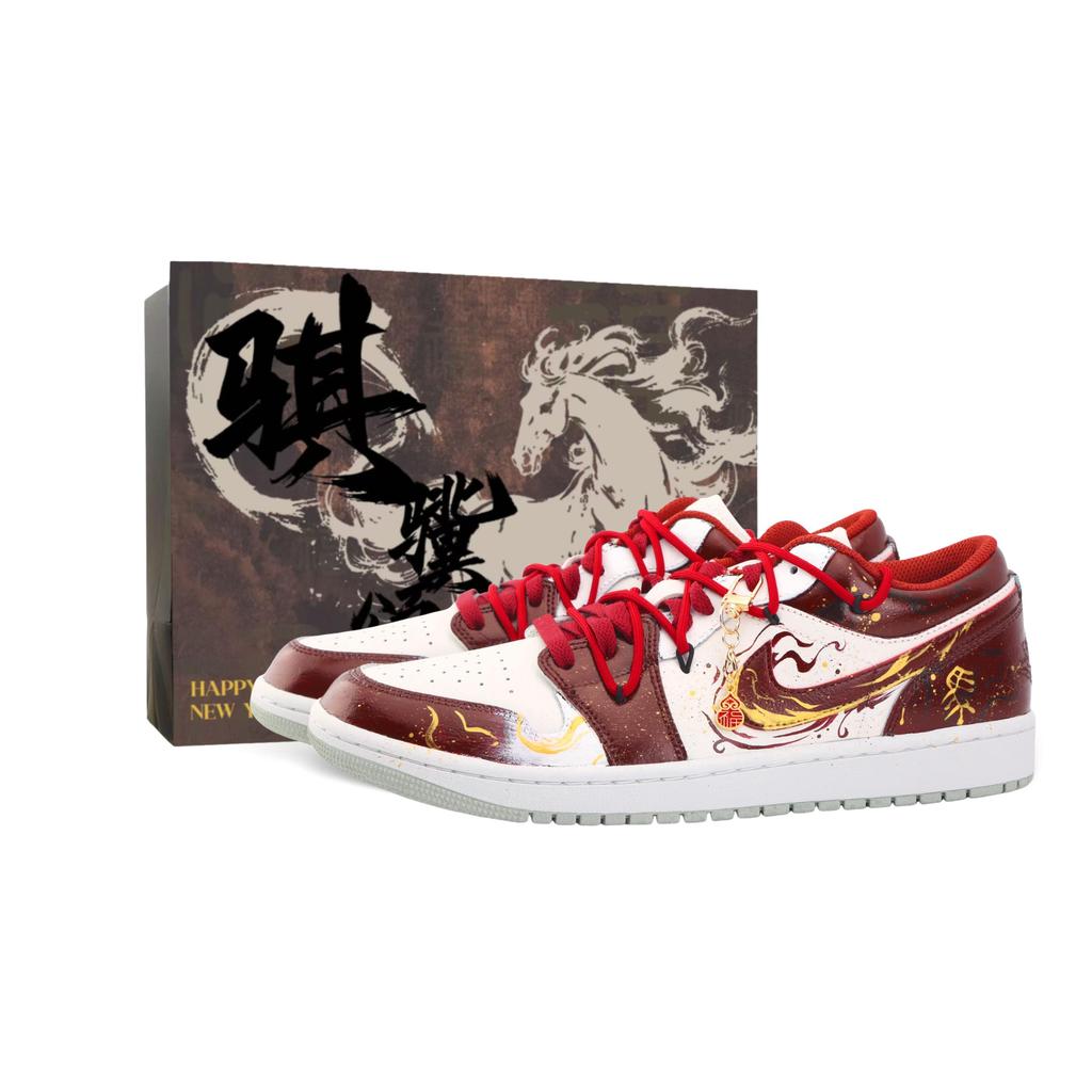 Jordan Air Jordan 1 Drippy Golden Horse Year Abrasion Resistant Low top Vintage Basketball Shoes Men's Red 553558-133(Team889-)