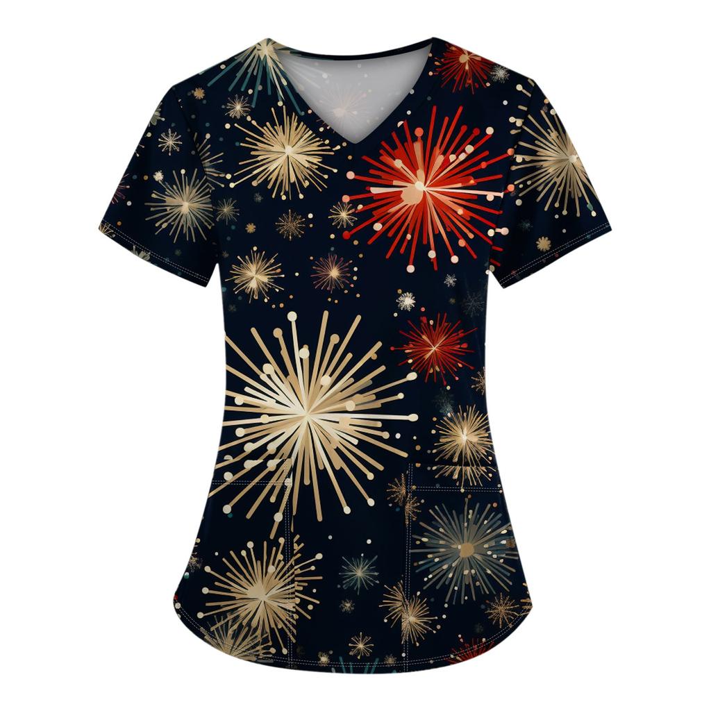 Women's Christmas Printed  Uniform Work Uniform V Neck Pocket Protective Uniform
