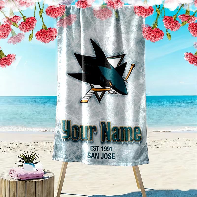 Name Custom San Jose Sharks Print Beach Towel, Large Soft Quick Dry Towel for Beach Camping Swimming