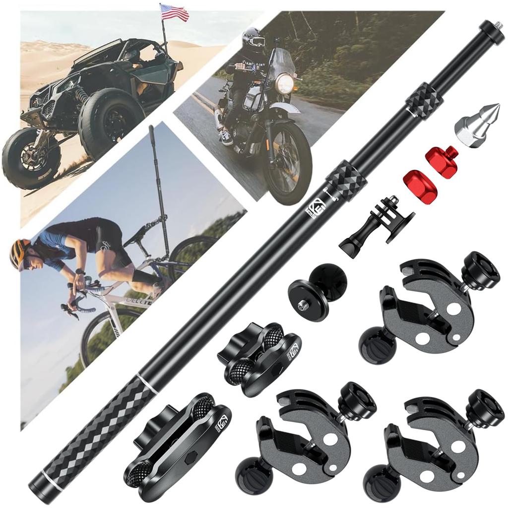 Aluminum Alloy Motorcycle Camera Mount Kit for GoPro Insta360 DJI, Heavy-Duty Anti-Theft Clamp Extendable Selfie Stick for Bike