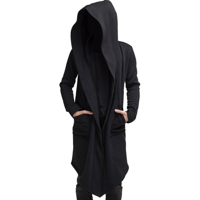 Mens Solid Color Long Sleeve Hooded Coat Big Pocket Winter Casual Gothic Long Jacket