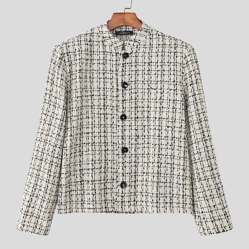 

INCERUN Осень Элегантный Мужской Длинный Рукав Повседневный Клетчатый Пуговицы Текстура Куртки Пальто 5XL белый