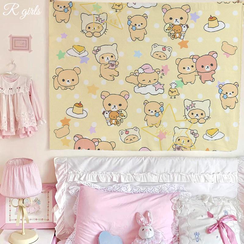 Cute Cartoon Bear Tapestry Pink Striped Wall Hanging for Kawaii Bedroom Decor Background Cloth