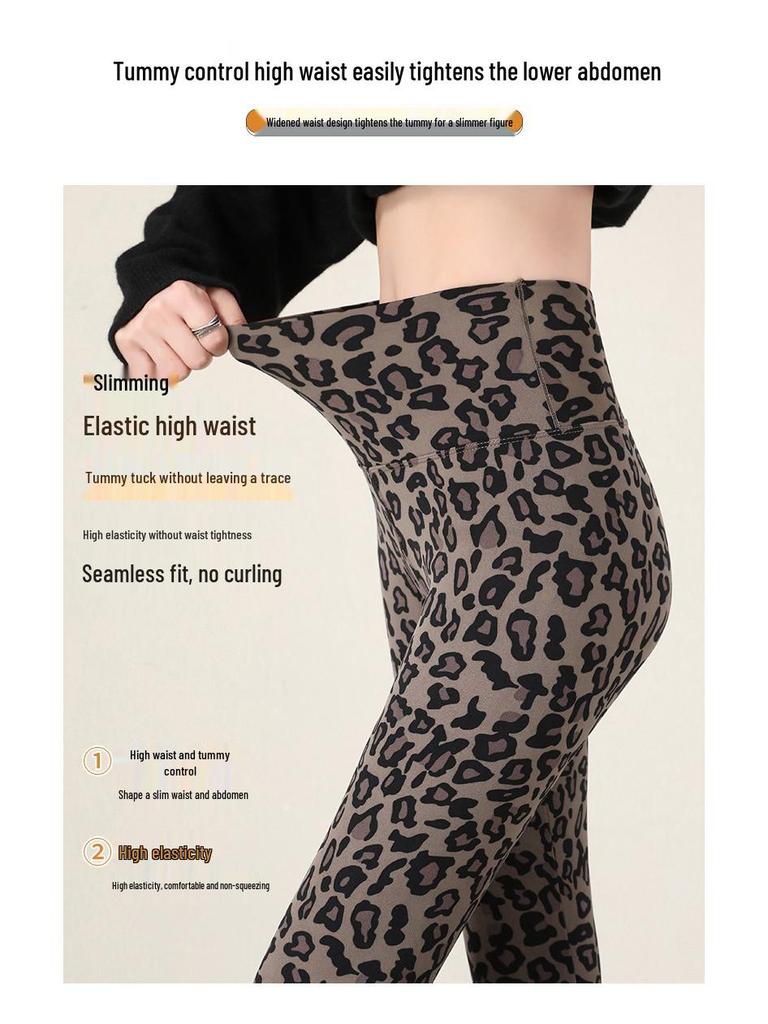 Leggings med hög midja och leopardmönster: Dambyxor för höst/vinter, smalnar av, kontrollerar magen, lyfter rumpan, med plus sammet, för yoga.