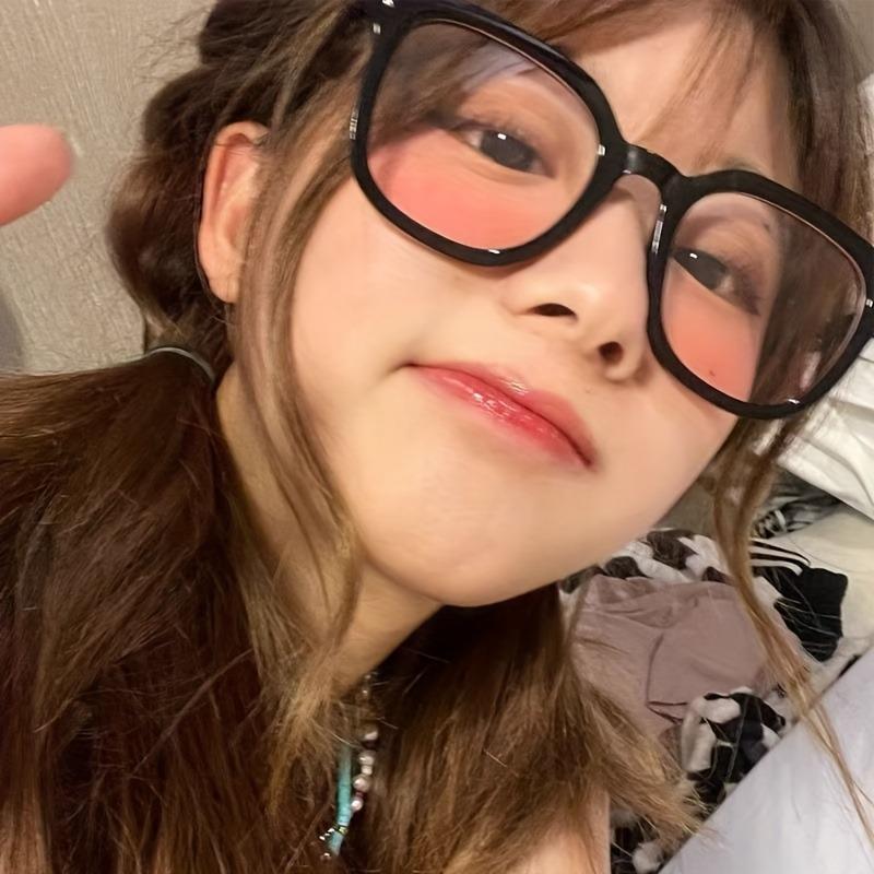 1Pair Stylish Black Frame Glasses with Pink toGradient Lenses Perfect for Natural Nude Makeup Looks Decorative Eyewear for Women