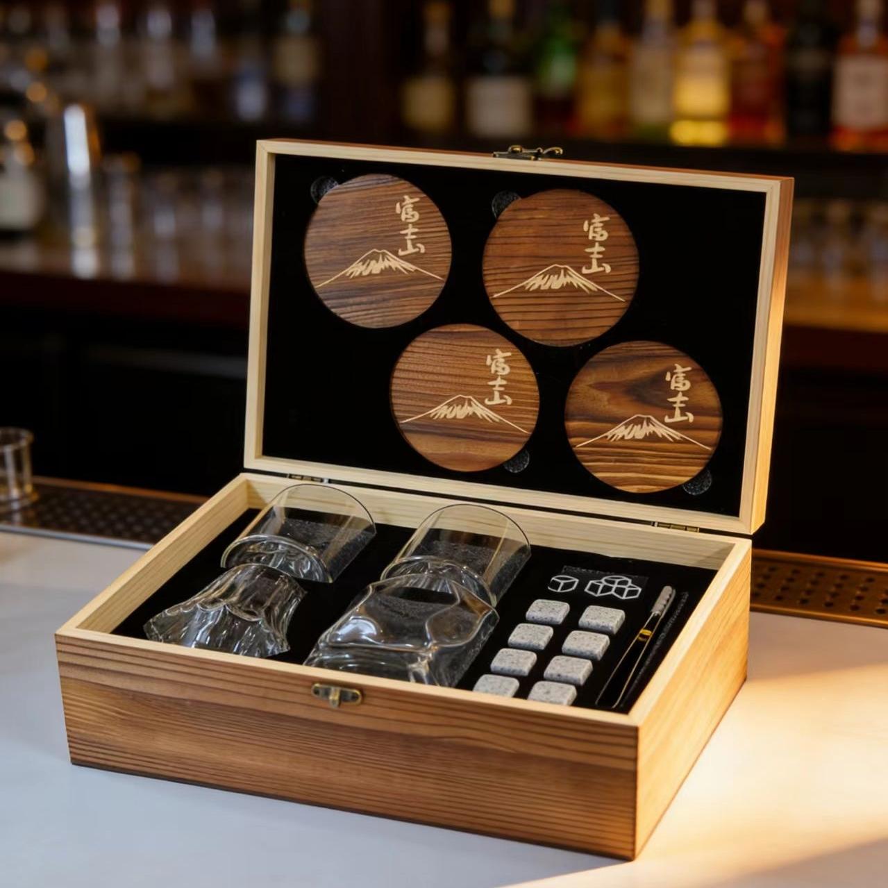 

4 Different Designs Japanese Whiskey Cup Set Wine Glass Stone Ice Cube Wood Coaster Best Festival Gift Present For Dad Husband