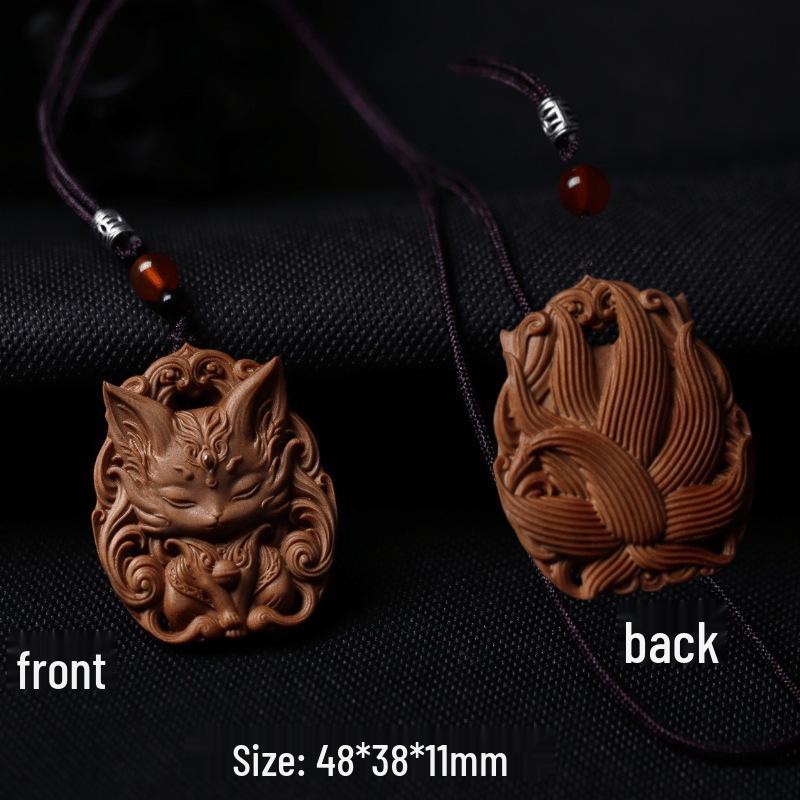 Sandalwood Nine-Tailed Fox Feng Jiu Pendant: Double-Sided Carved Necklace for Couples, Unisex Ornament Old Mountain Sandalwood