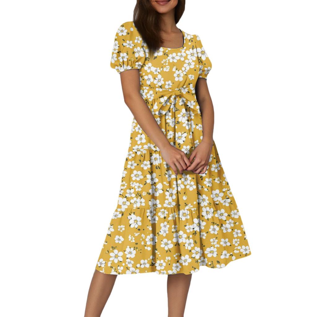 Women's Summer Floral Print Short Sleeves Neck Waistband Bohemian Flowy Layered Maxi Dress With Pockets