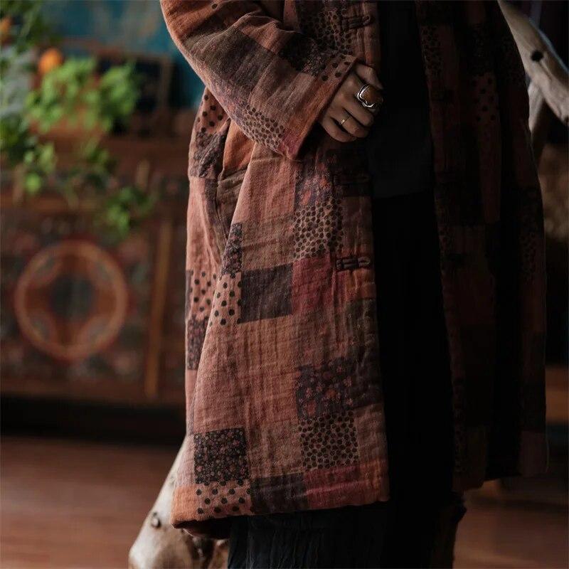 Johnature Dámské Vintage zimní parky s výstřihem do V bavlněné kabáty s dlouhým rukávem v čínském stylu dámské dlouhé parky