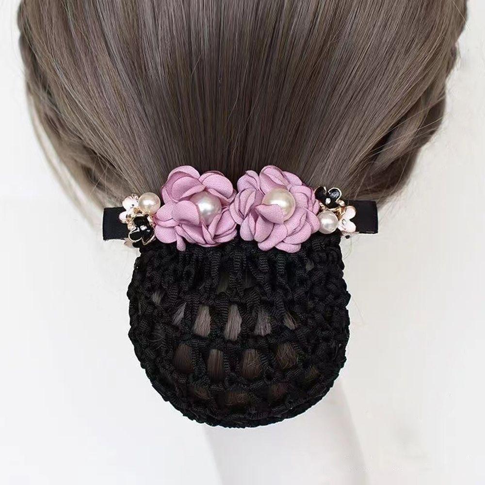 Pearl for Stewardess Nurse Flower Hairnet Women Spring Clip Mesh Snood Korean Style Headwear