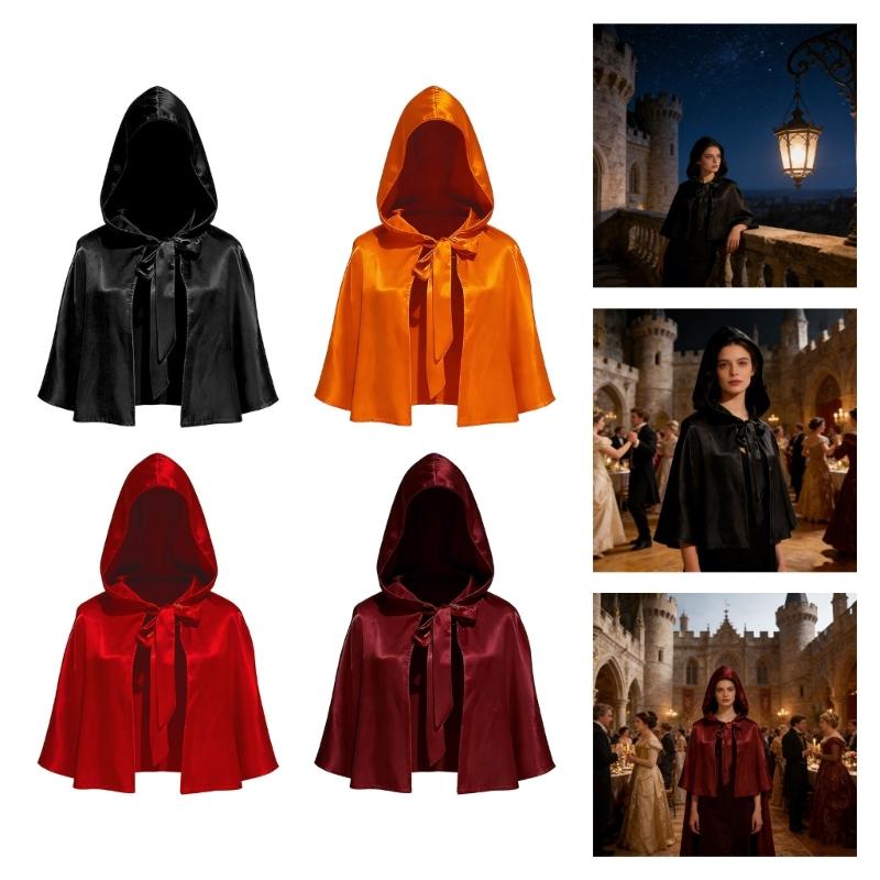 Medieval Short Satins Cape With Hood Role Play Accessory Anime Costume Wrap For Cosplay And Outdoor Sun Protections