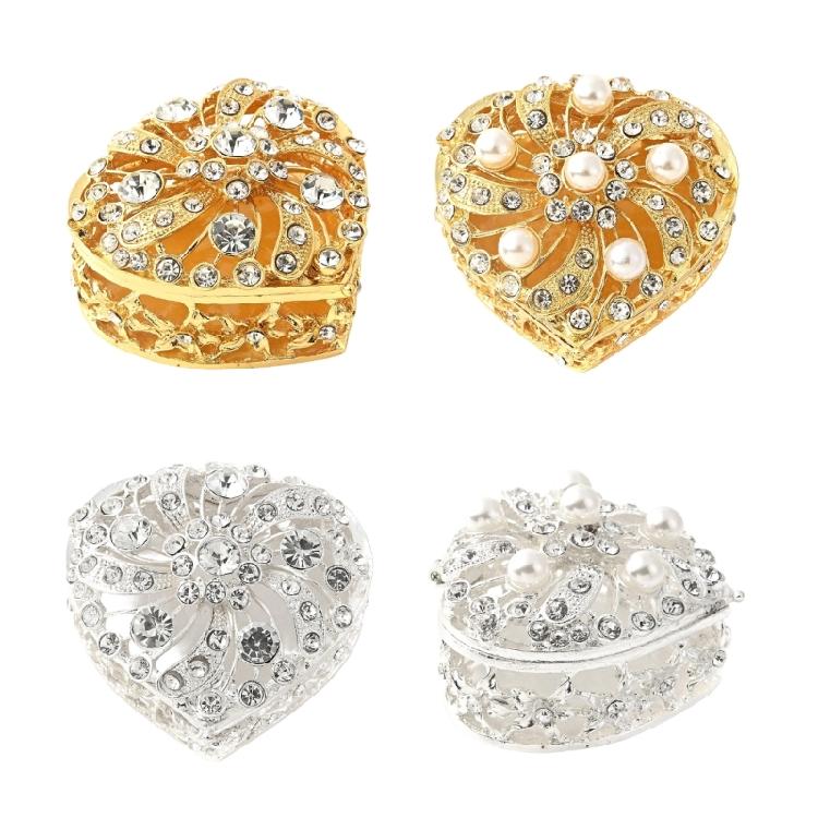 Heart Shape Rings Earring Storage Container With Gemstones And Pearls Decoration
