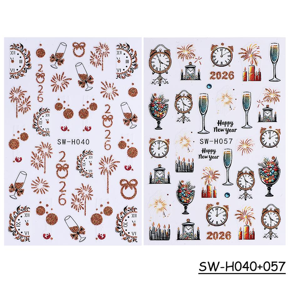 2/3pcs Glitter Christmas Nail Stickers Gold Fireworks Champagne Clock Design Bow New Year Nail Decals Manicure Decor Slider