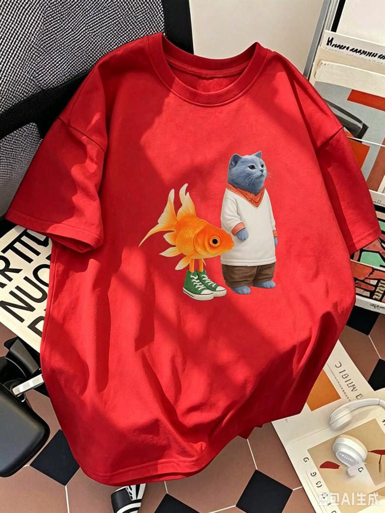 Funny Cute Cat And Goldfish Graphic Print Tshirt Unisex Casual Short Sleeve Cotton Tee Streetwear Loose Tops For Unisex Unisex