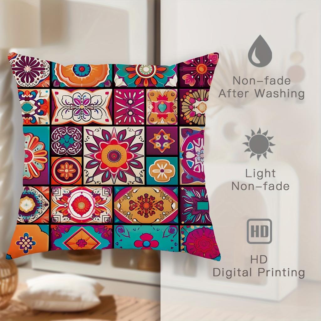 Bohemian Mandala Checkered Pillow Covers Vibrant Pattern Decorative Cushion Covers For Sofa Living Room Outdoor Home Decor