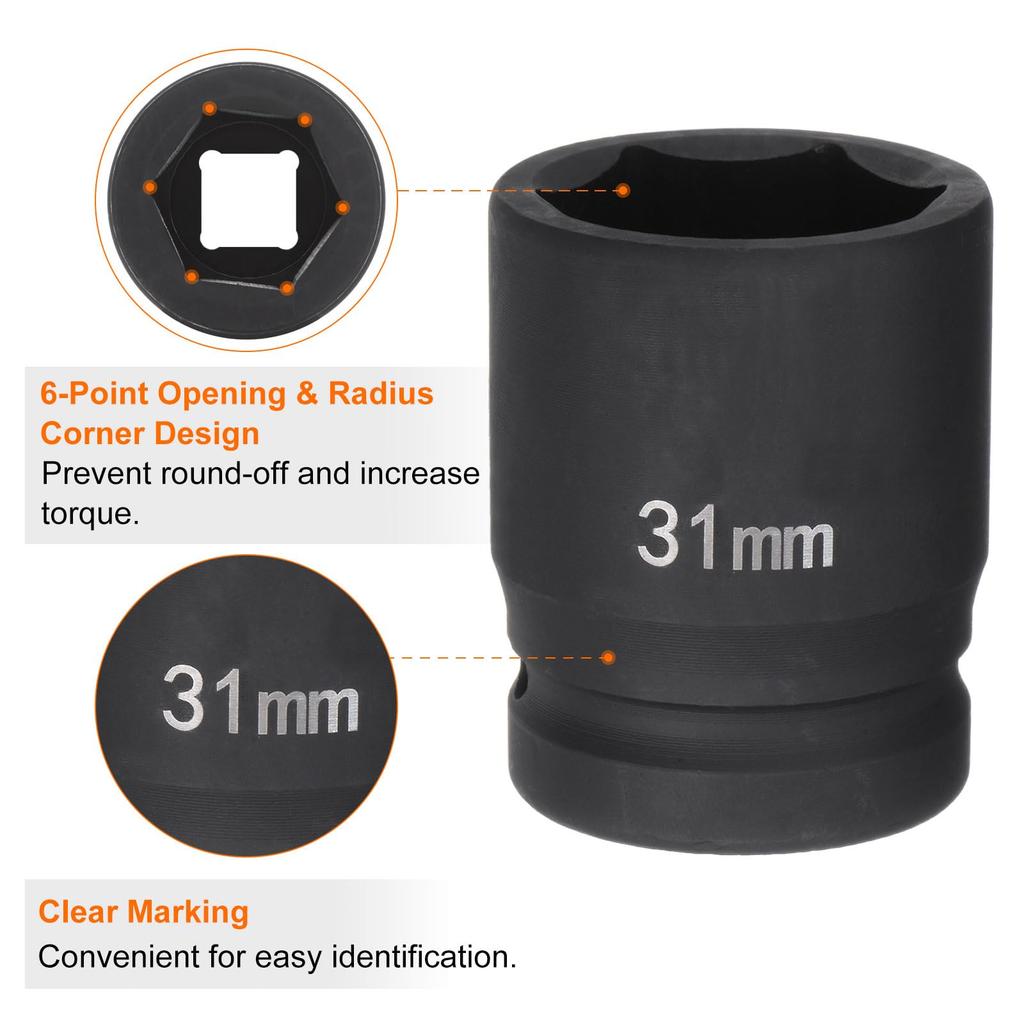 uxcell Deep 6 Point Impact Socket Drive 31mm Metric 40Cr Alloy Steel Spindle Axle Nut Impact Socket 3/4"
