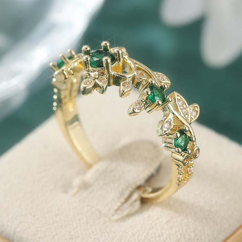 Aesthetic Inlaid White Green CZ Women's Ring Trendy Gold Color Hand Carving Daily Wear Party Jewelry Anniversary Gift