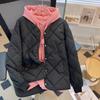 Winter Light Loose Women Down Jacket Rhombus Grid Collarless Round Neck Cotton Padded Small Coat