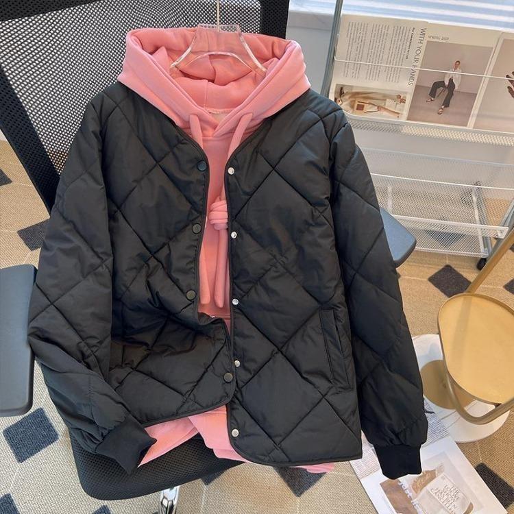 Winter Light Loose Women Down Jacket Rhombus Grid Collarless Round Neck Cotton Padded Small Coat