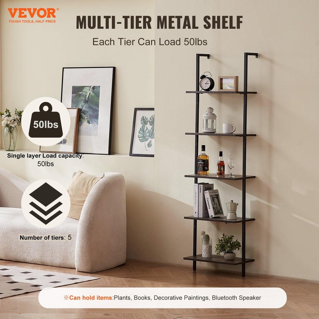 Industrial Square Pipe Shelf 5 Tier 17.3x11.8in Wall-Mount for Bedroom