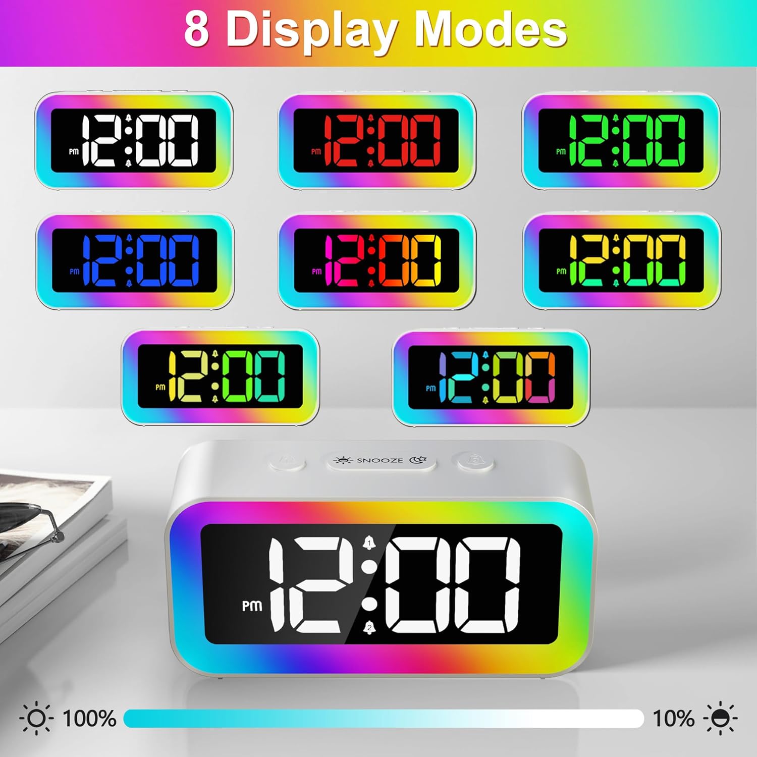 

Oneway Digital Alarm Clock, RGB Colorful LED Clock, Alarm Clocks Bedside Mains Powered, Adjustable Brightness, Screen Always-Lit белый