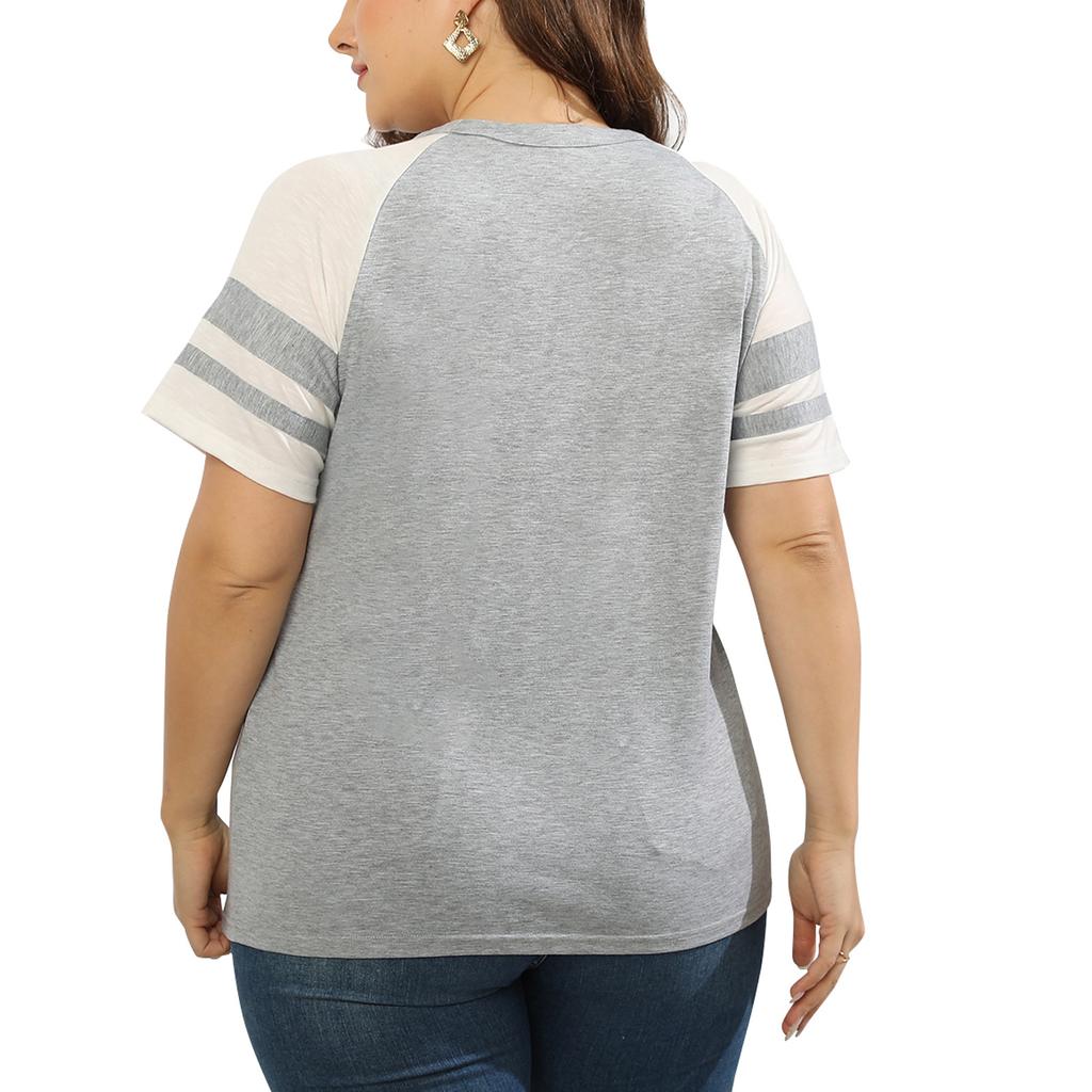 Damen Plus Size Sommer Kurzarm V-Ausschnitt Seil Patchwork Farbe T-Shirt
