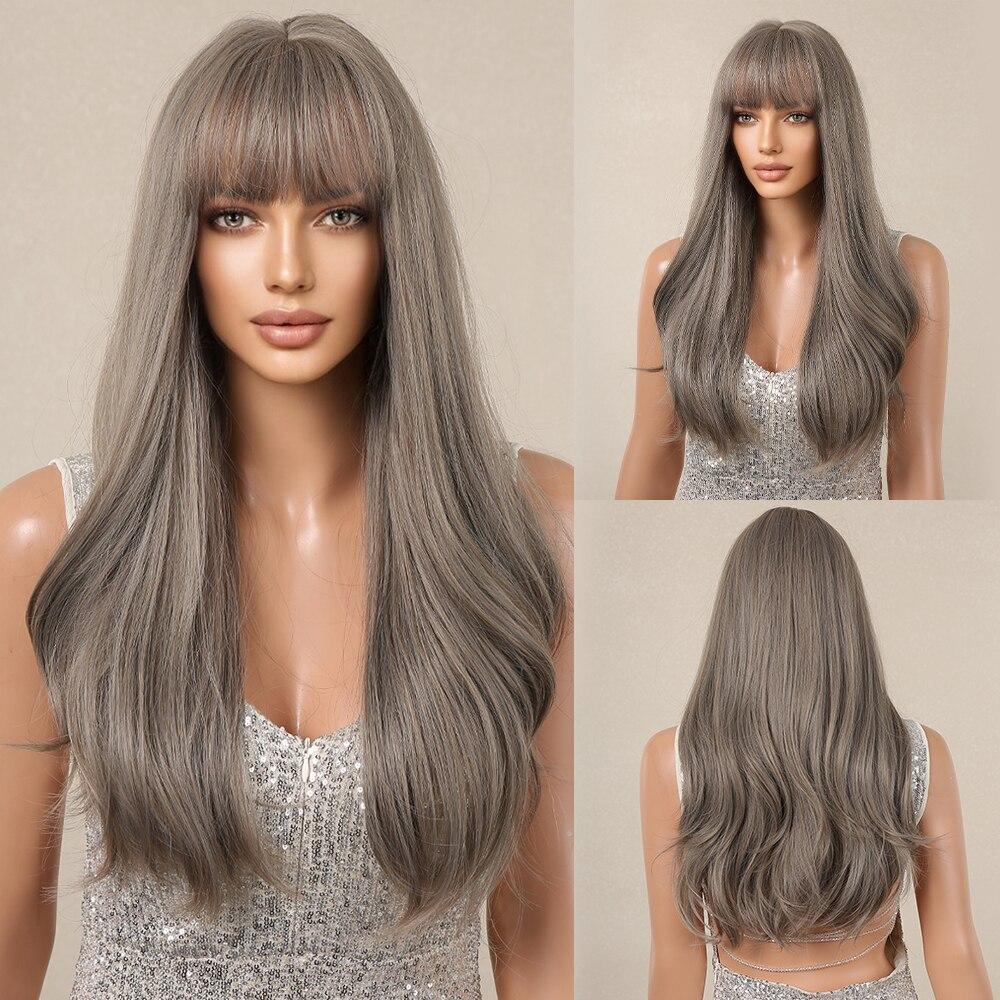 EASIHAIR Dlouhé rovné paruky s ofinou Šedé syntetické paruky pro ženy Denní cosplay Vlasové paruky Tepelně odolné vláknové paruky